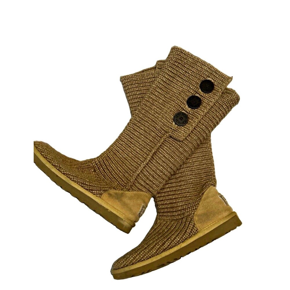 UGG Women’s Beige Knee High Knit Boots Button Closure Round Toe Rubber Sole